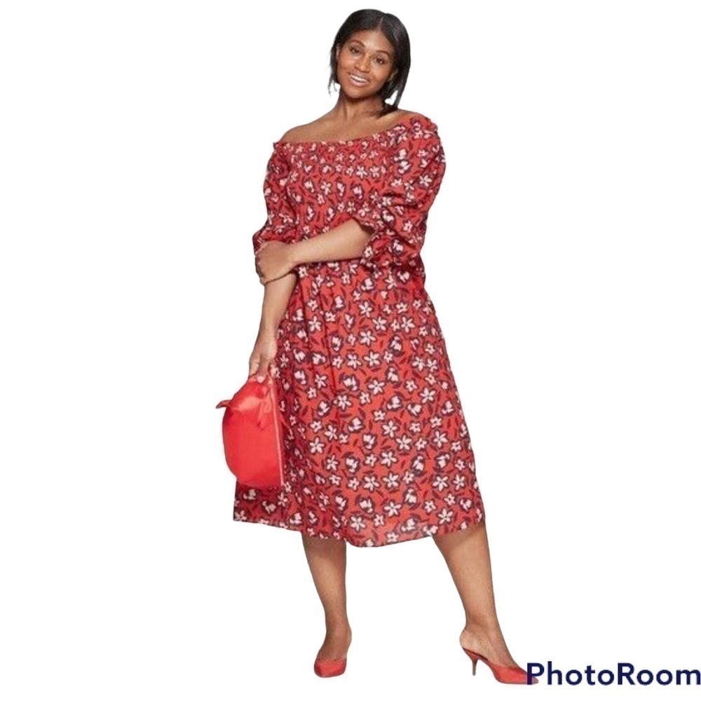 WHO WHAT WEAR Off The Shoulder Red  With Pink Floral Print Midi Dress Plus Sz 4X